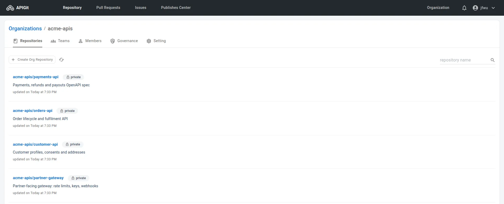 An organization in APIGit with its API repositories