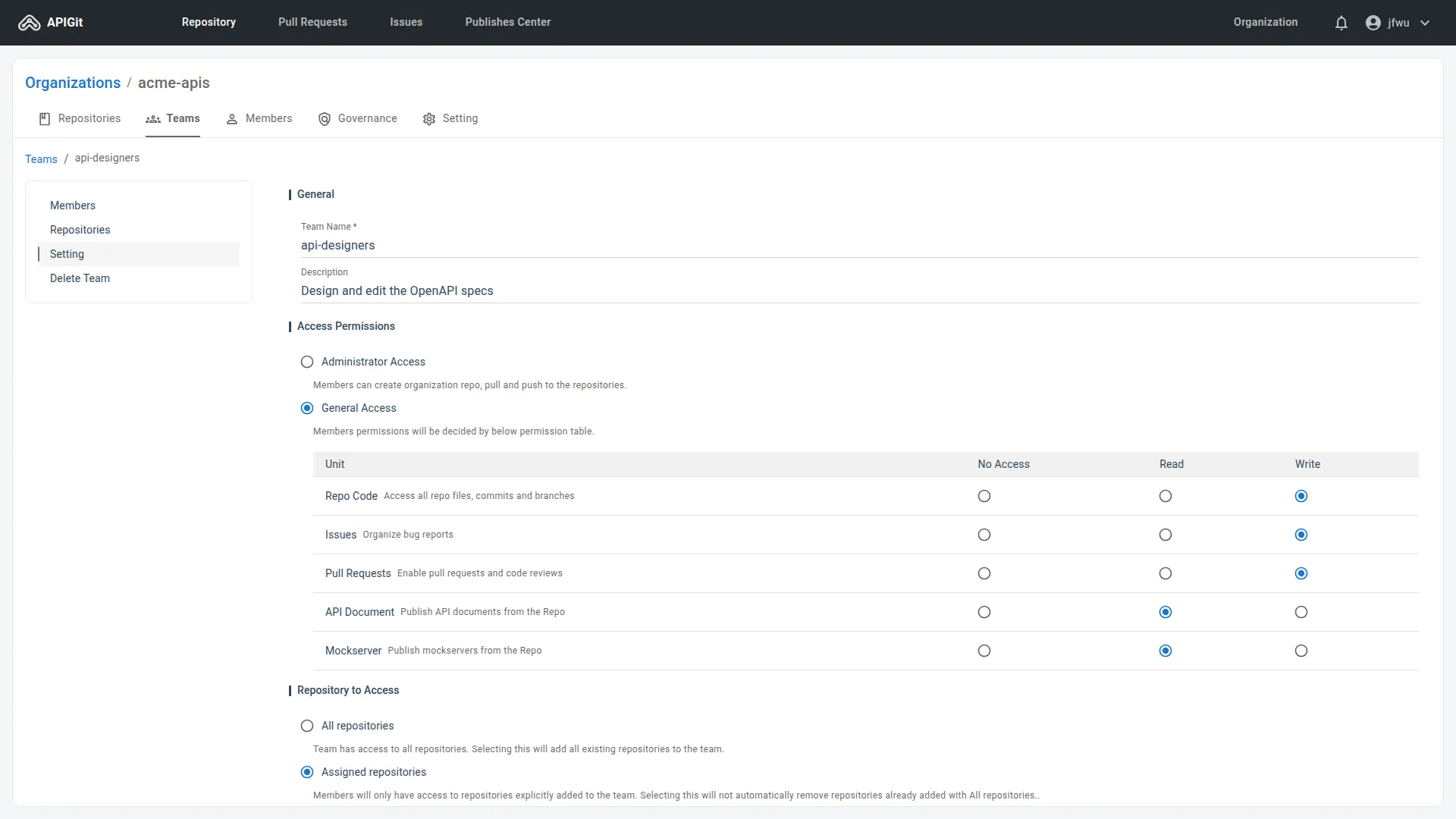 Permission settings of a team in APIGit